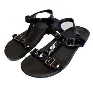 Vionic Womens Size 7 Black Patent T Strap Sandals Comfort Strappy